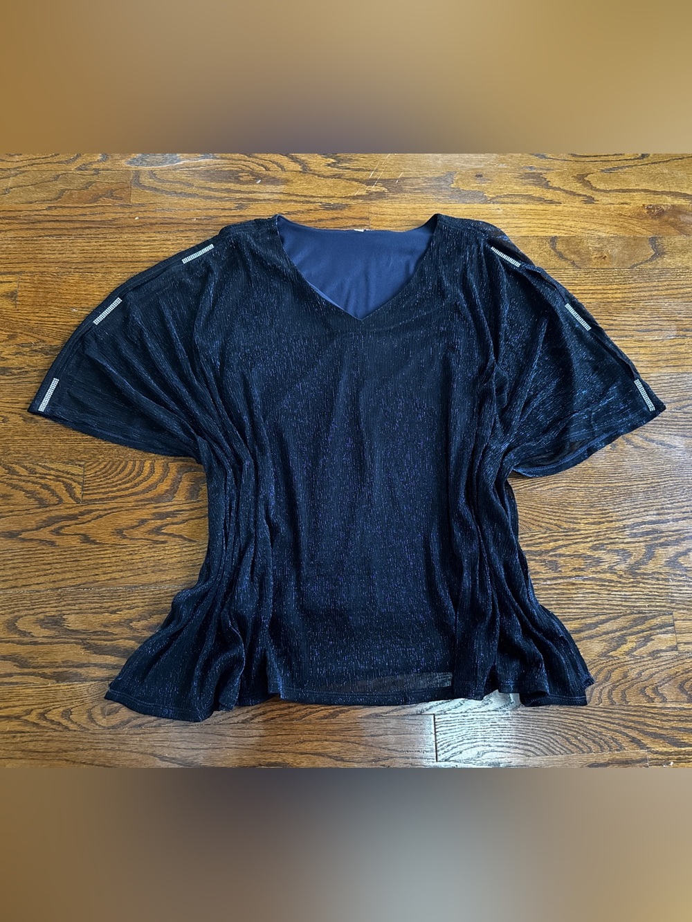 Navy Blue Chiffon Sheer Lined Rhinestone Short Sleeve Blouse